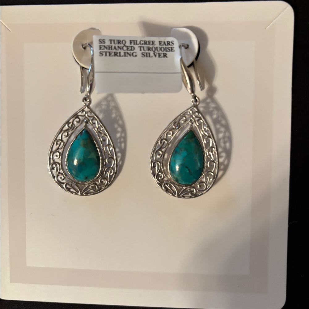 Sterling Silver Teardrop Turquoise Filigree Earrings - Enhanced Turquoise